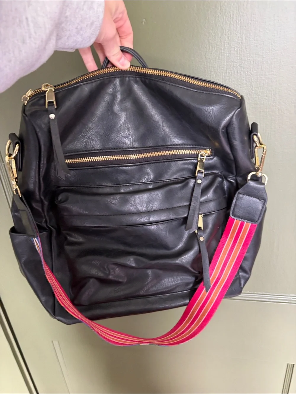 Black Leather Crossbody Tote with Colorful Striped Strap